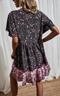 Purple Floral Print Button Front Mini Dress In Black