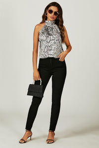 Satin Snake Print Halter Neck Tie Back Top In Silver Grey