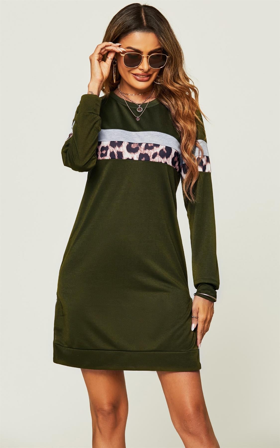 Relaxed Tunic Sweatshirt Mini Dress With White Animal Stripe In Olive Green
