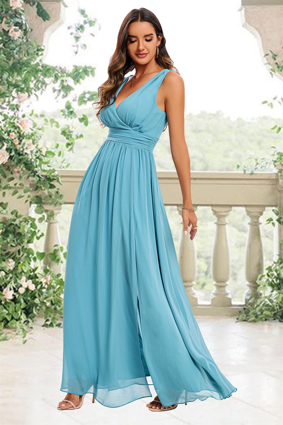 V Neck Bridesmaid Maxi Dress In Light Blue