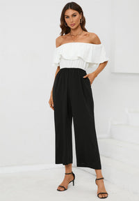 Black Contrast off the Shoulder Ruffle Jumpsuit In White