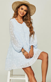 V Neck Long Balloon Sleeve Tiered Dress In Blue & Star Patten