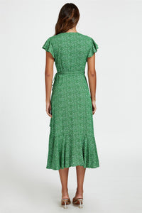 Little Floral Frill Sleeve Midi Wrap Dress In Green