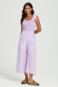 Check Print Tie Detail Jumpsuit In Purple & Pink