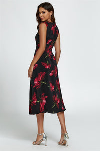 Floral Print Heart Neck Midi Dress In Black