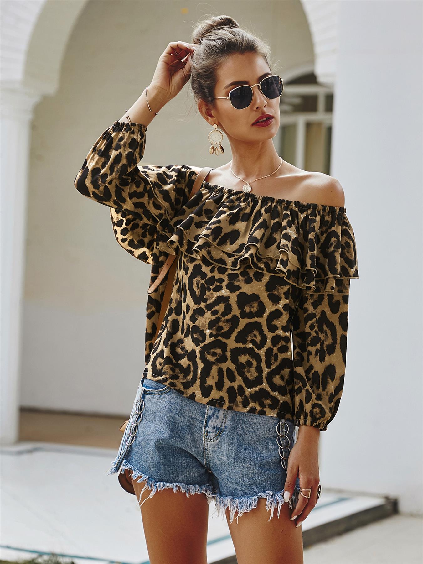 Off The Shoulder Frill Top In Brown Leopard Print