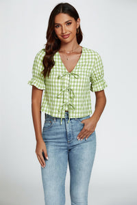 Check Print Tie Front Top In Green