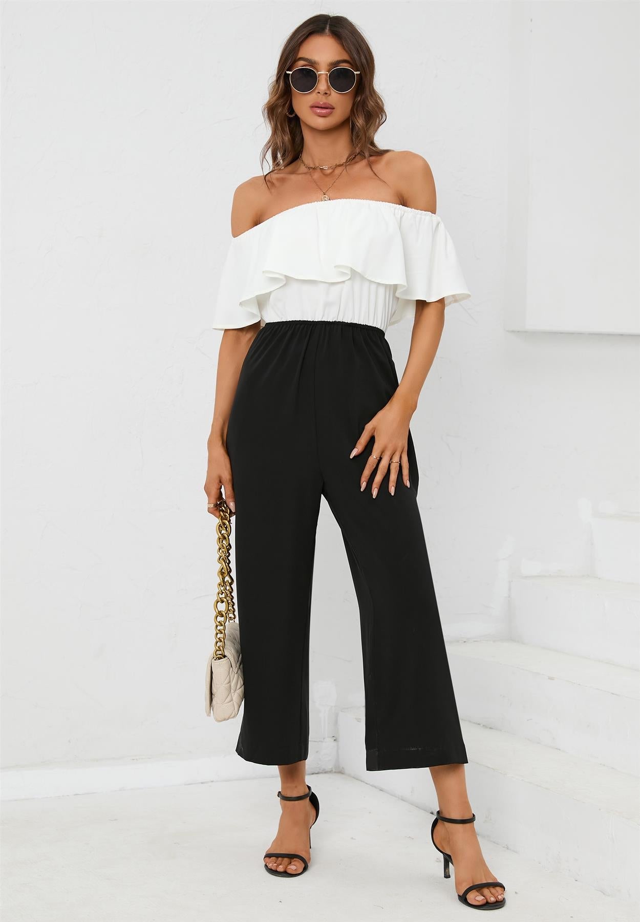 Black Contrast off the Shoulder Ruffle Jumpsuit In White
