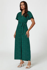 Dot Print Wrap Top Jumpsuit In Green