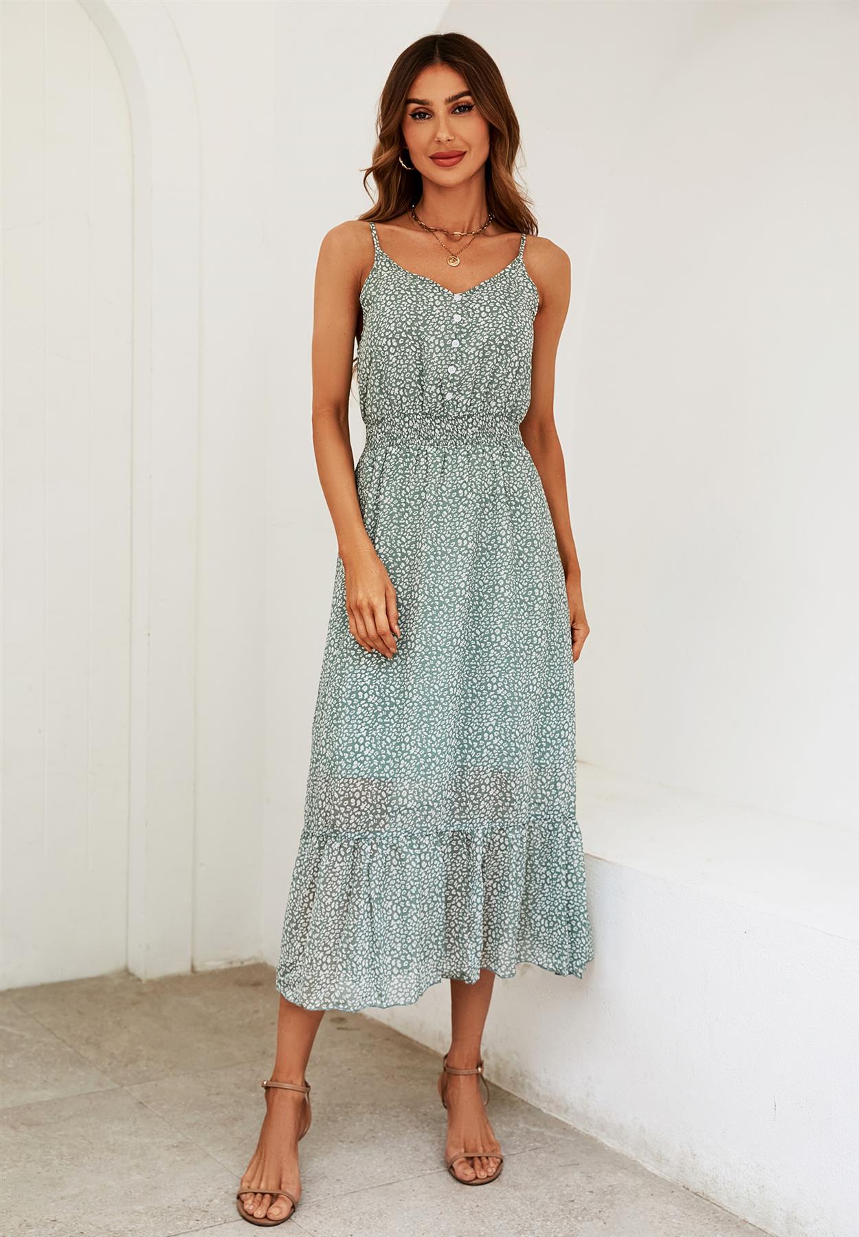 Leopard Print Button Detail Strappy Maxi Dress In Green