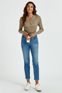 Morgan Collar Double Breasted Knit Top In Beige
