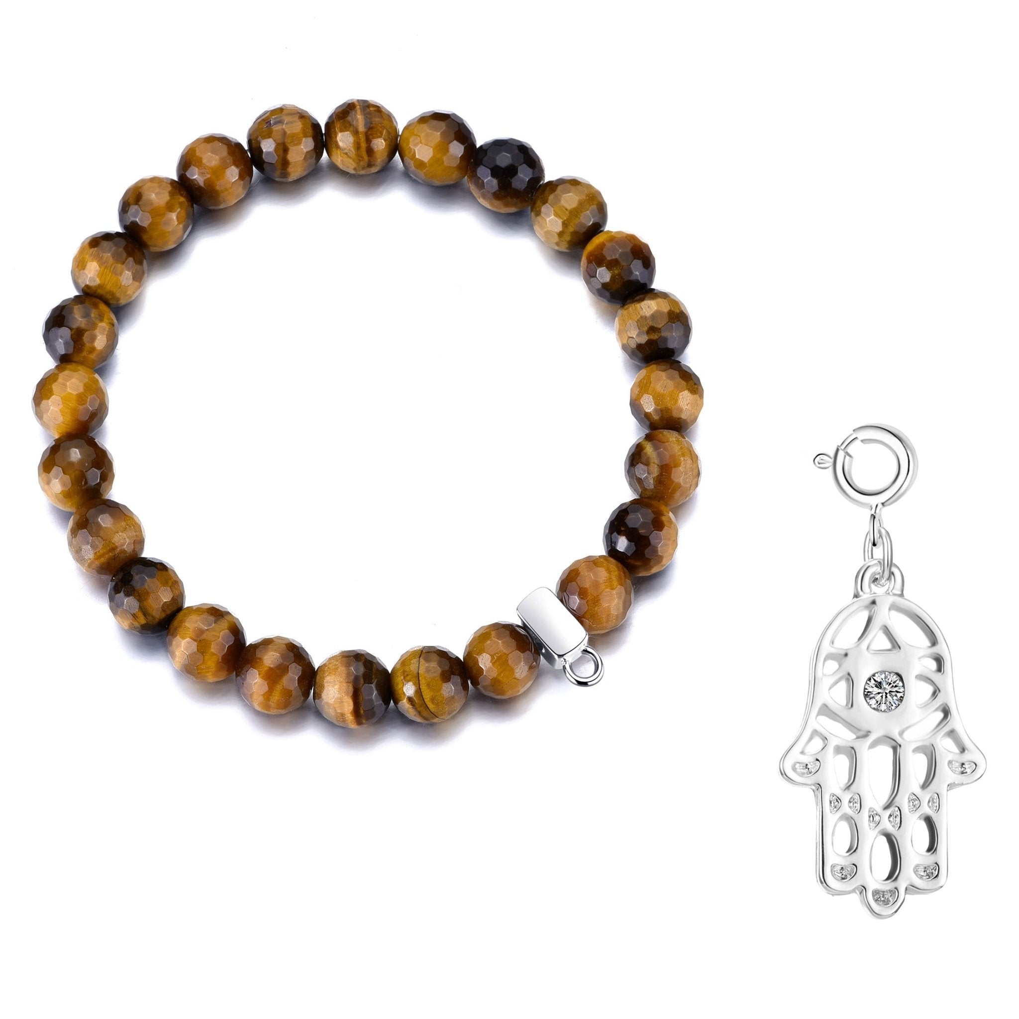 Faceted Tiger's Eye Gemstone Stretch Bracelet with Charm Created with Zircondia® Crystals