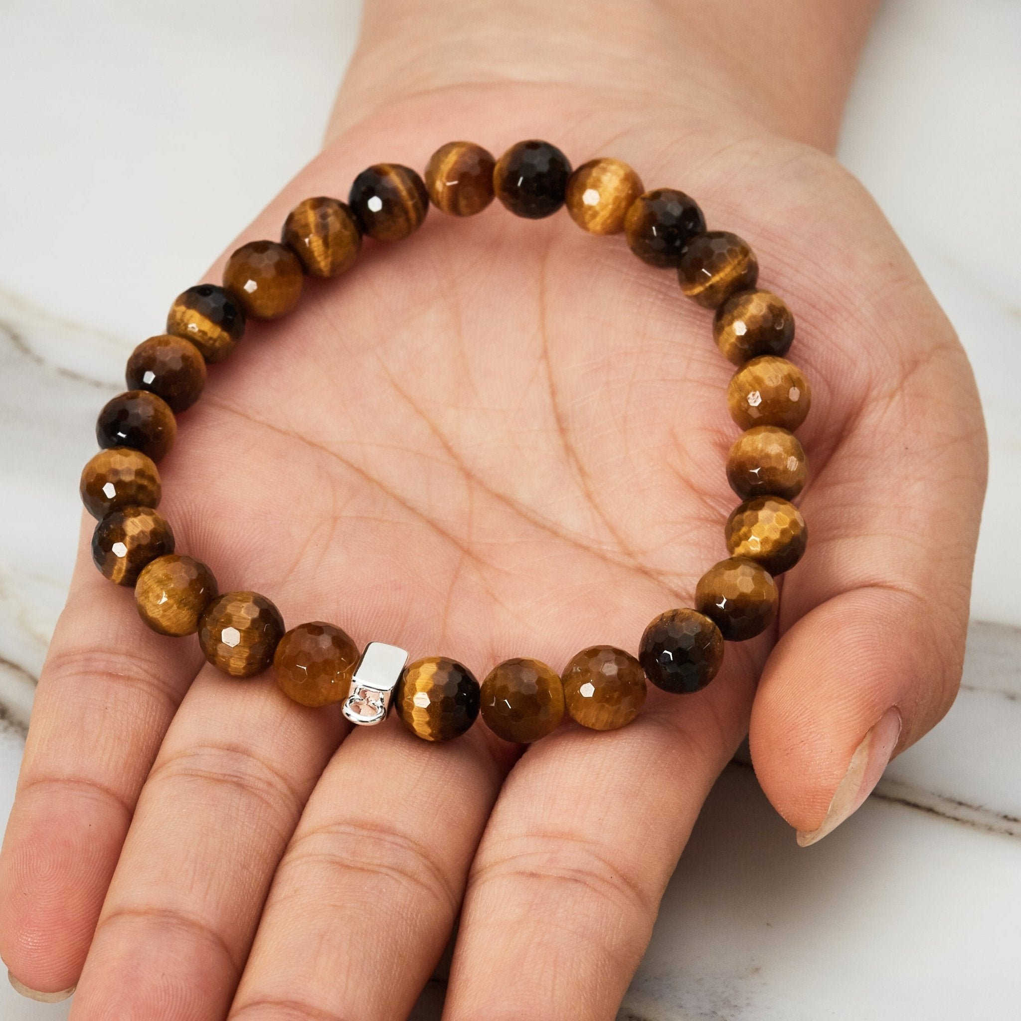 Faceted Tiger's Eye Gemstone Stretch Bracelet with Charm Created with Zircondia® Crystals
