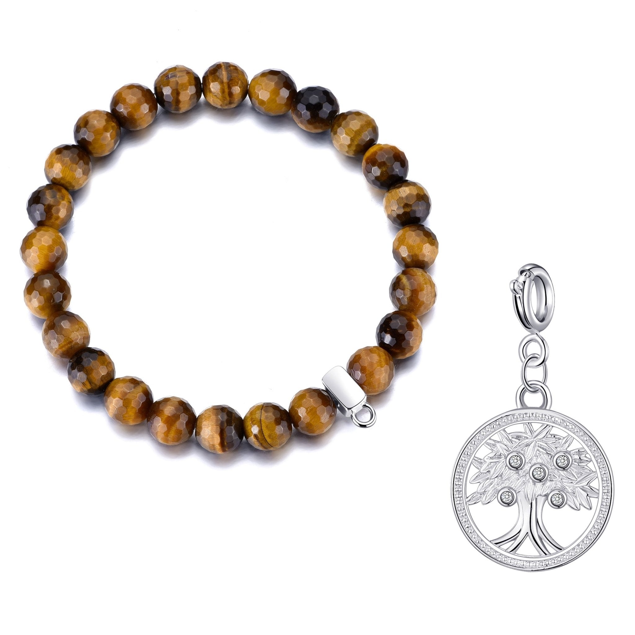 Faceted Tiger's Eye Gemstone Stretch Bracelet with Charm Created with Zircondia® Crystals