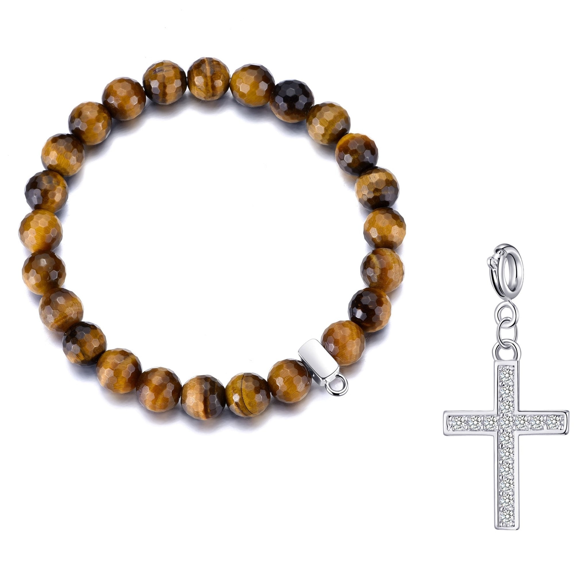Faceted Tiger's Eye Gemstone Stretch Bracelet with Charm Created with Zircondia® Crystals
