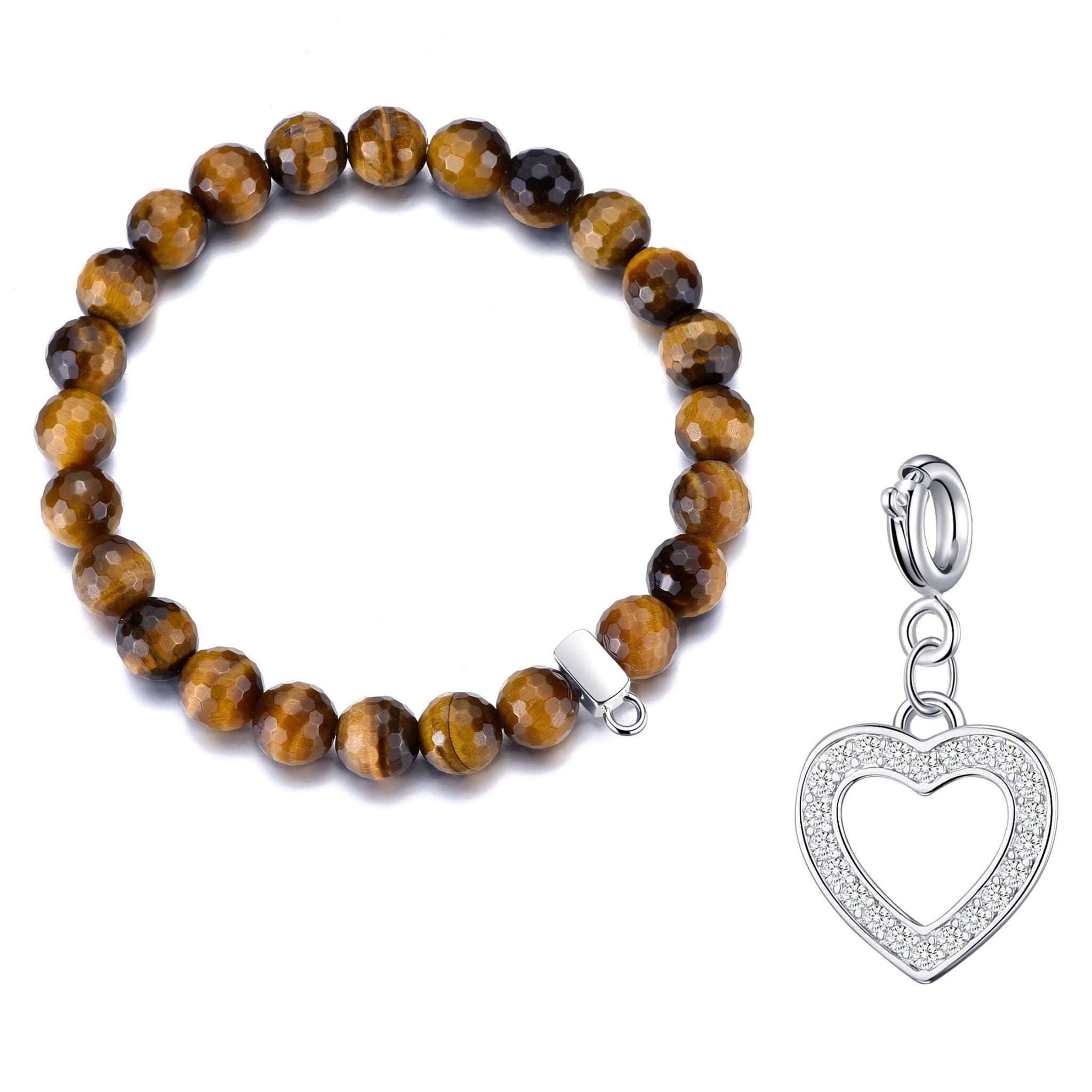 Faceted Tiger's Eye Gemstone Stretch Bracelet with Charm Created with Zircondia® Crystals