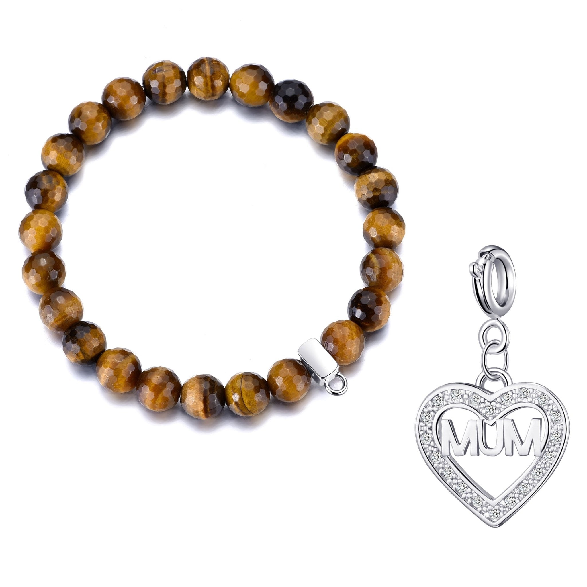 Faceted Tiger's Eye Gemstone Stretch Bracelet with Charm Created with Zircondia® Crystals