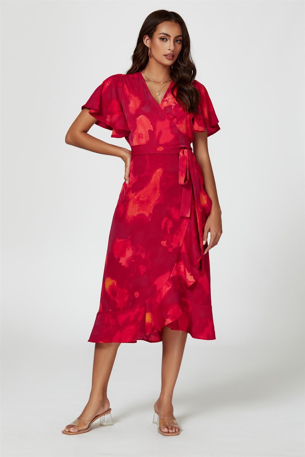 Abstract Print Angel Sleeve Wrap Midi Dress In Red
