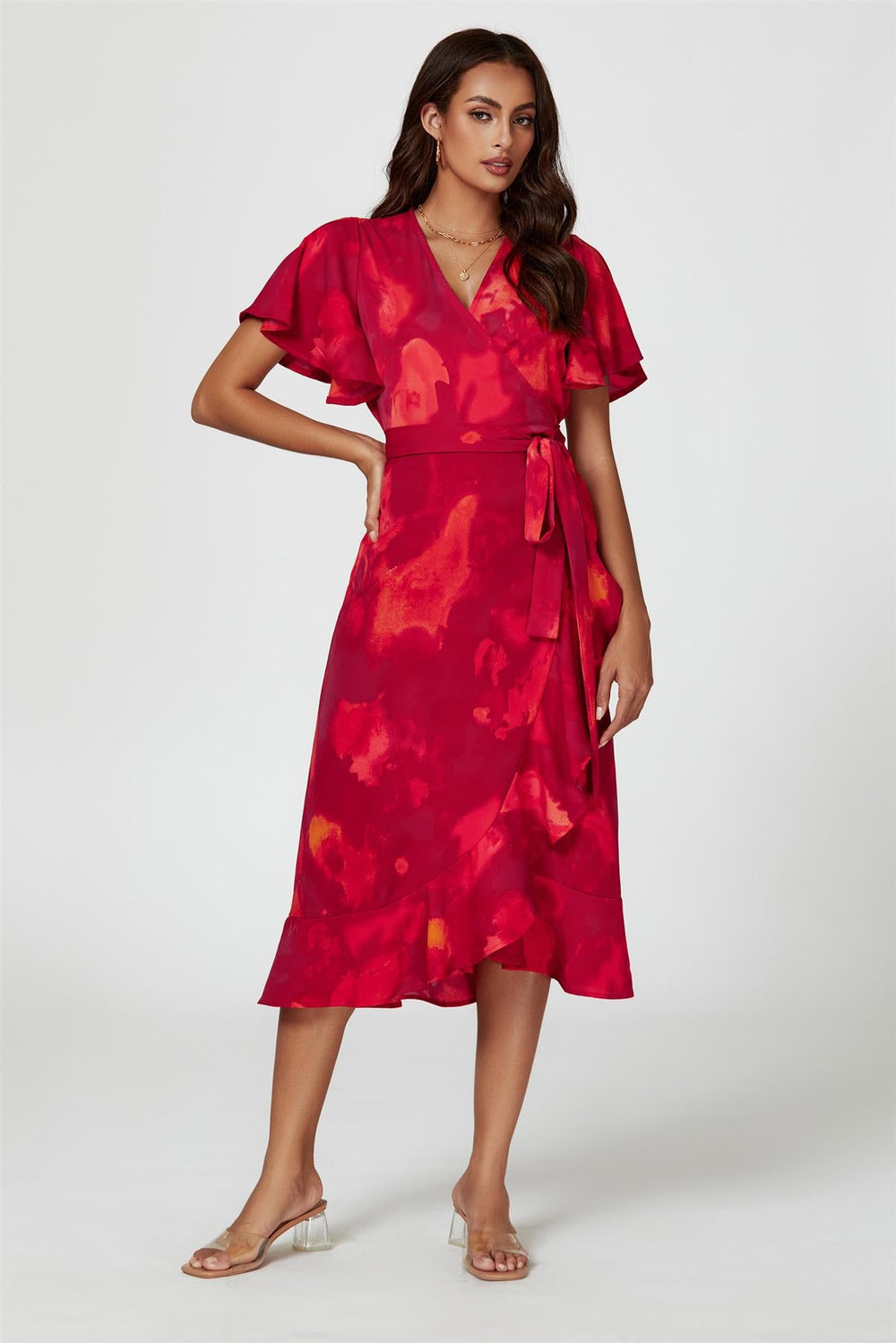 Abstract Print Angel Sleeve Wrap Midi Dress In Red