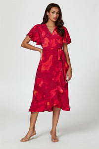 Abstract Print Angel Sleeve Wrap Midi Dress In Red