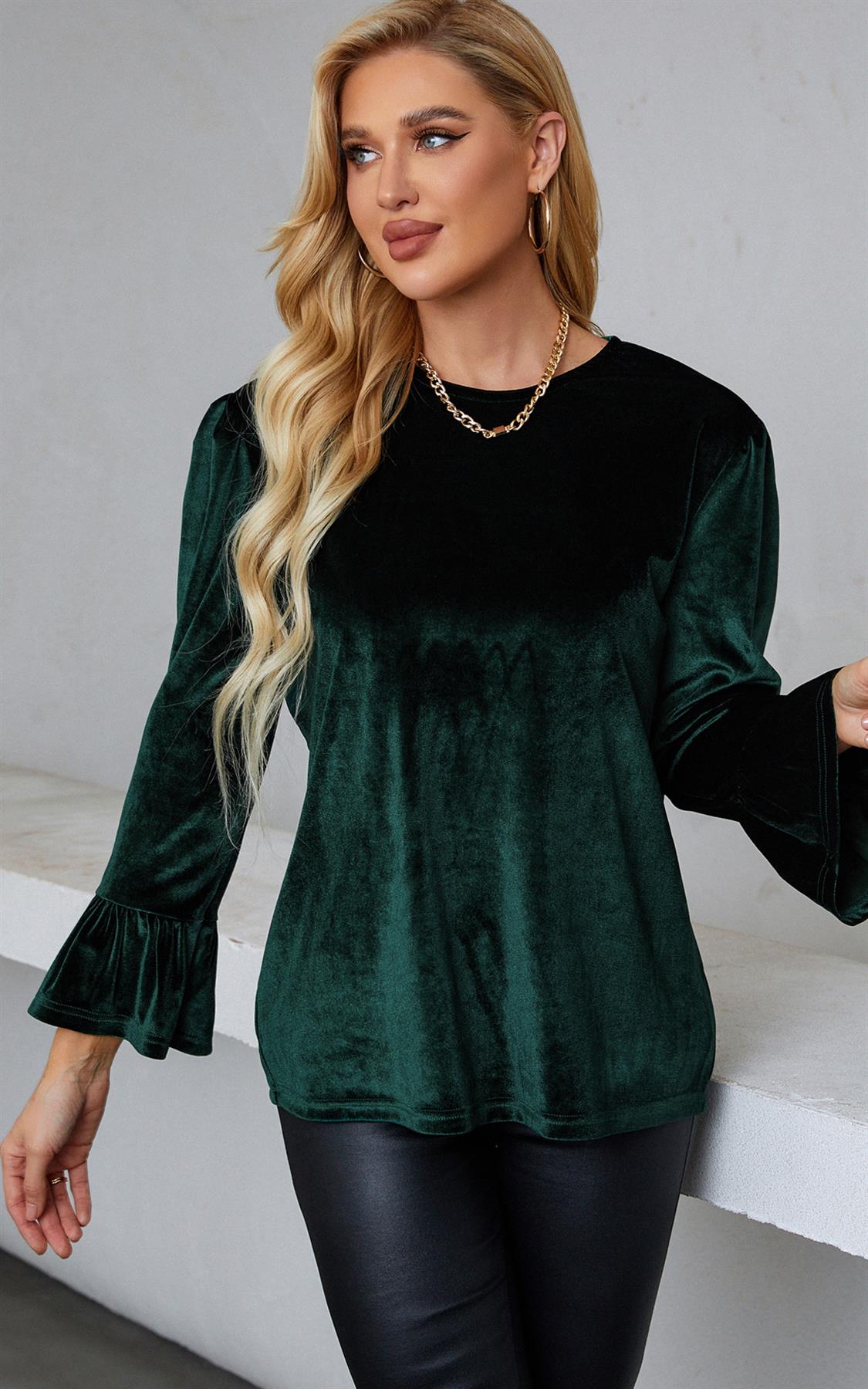 Elegant Velvet Top With Frill Detail Cuff In Dark Green