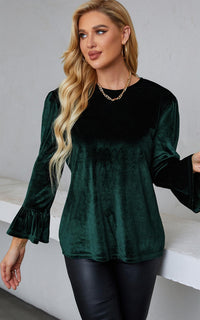 Elegant Velvet Top With Frill Detail Cuff In Dark Green