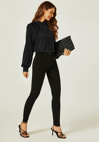 Halter Neck Long Sleeve Blouse Top In Black