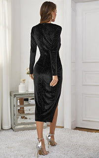 Star Night Sky Velvet Wrap Long Sleeve Midi Dress In Black