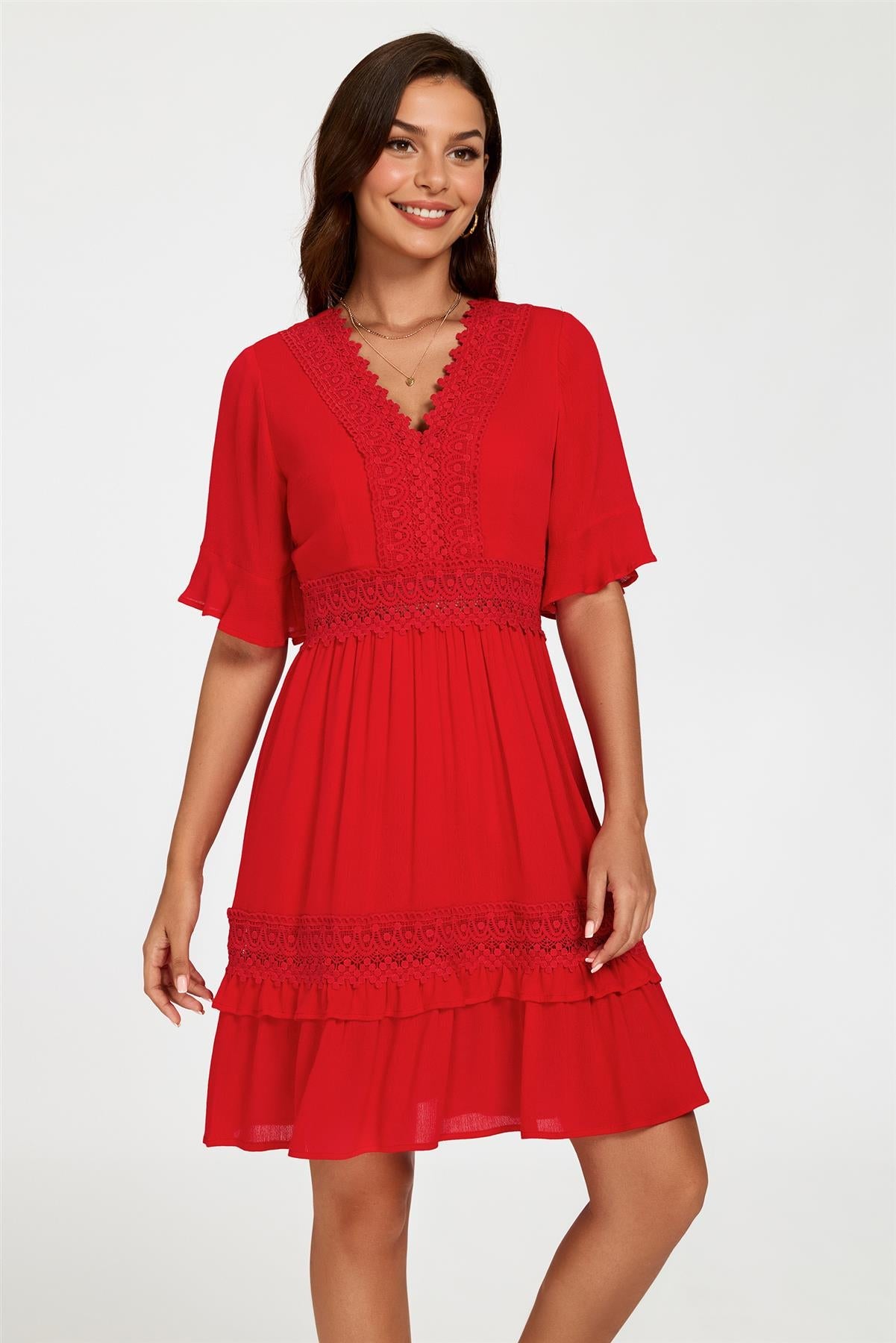 V Neck Lace Mini Dress In Red