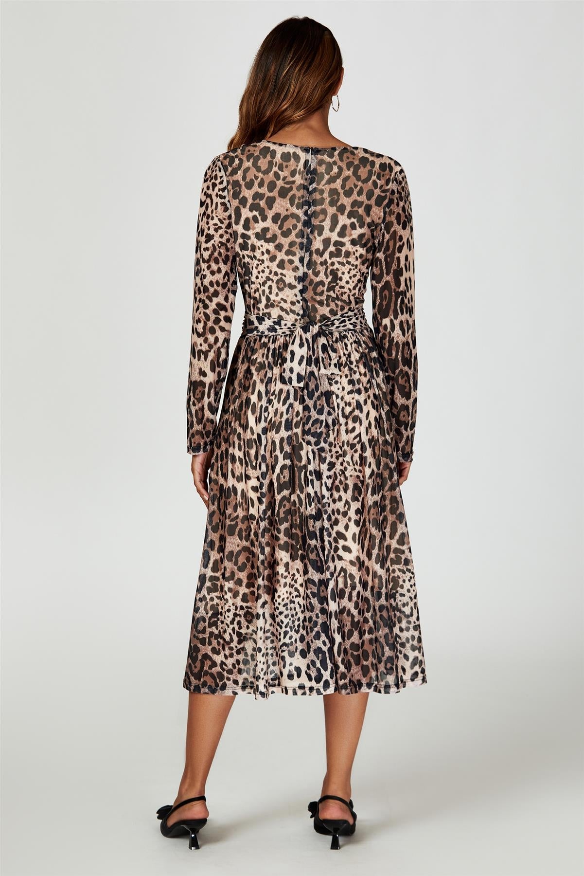 Leopard Print Mesh Midi Dress In Brown