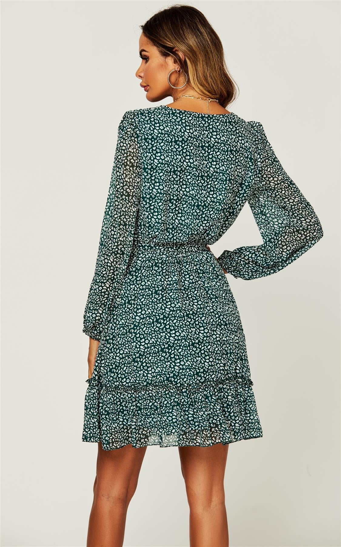 Ruffled Chiffon Long Sleeve Mini Dress In Dark Green Leopard Print