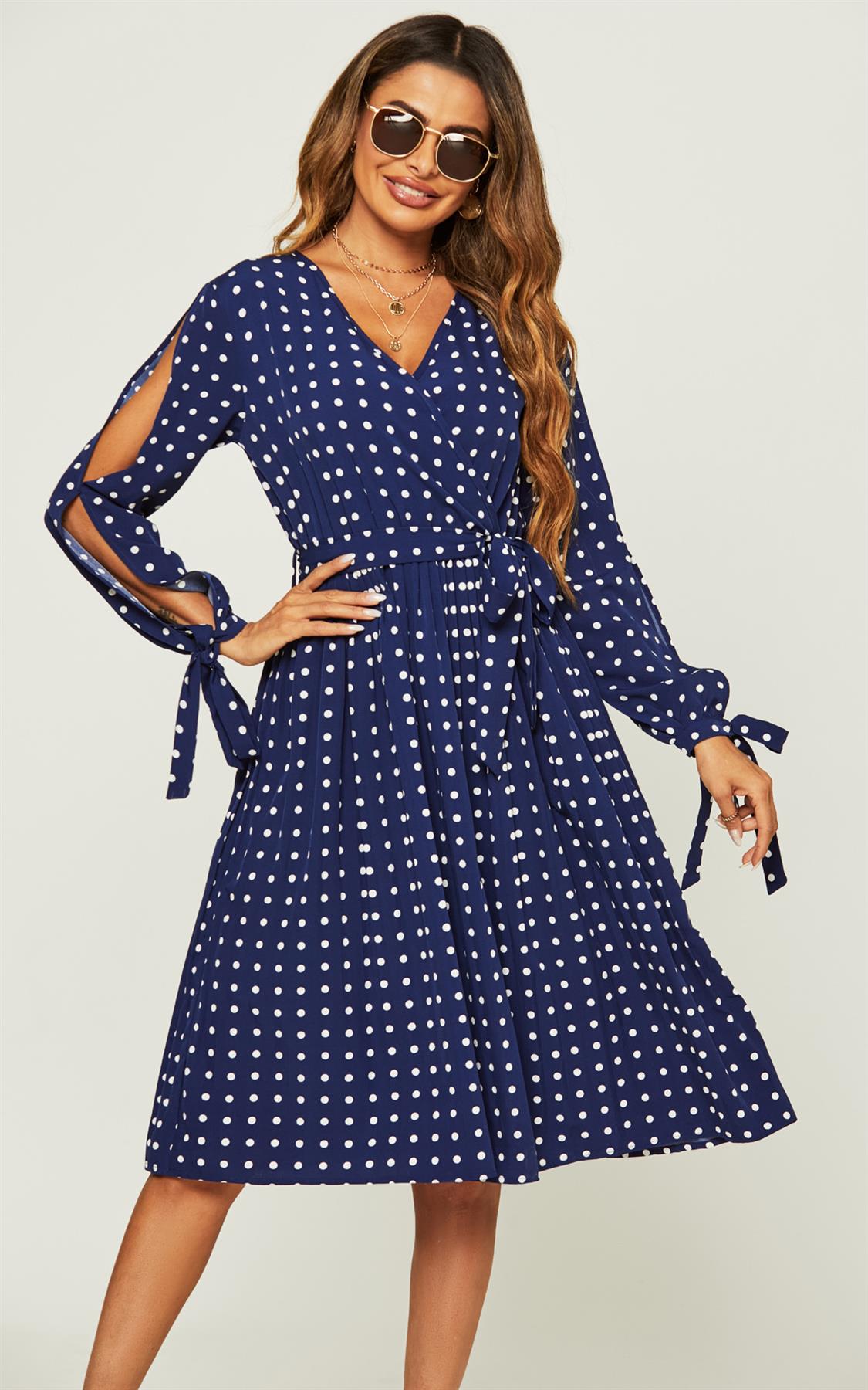Cold Shoulder Tie Detail Long Sleeve Midi Pleated Dress In Navy Polka Dot