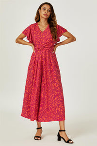 Printed Wide Leg Twist Jumpsuit In Fuchsia