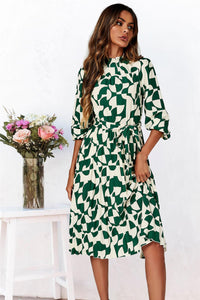 High Neck Long Sleeve Midi Dress In Green
