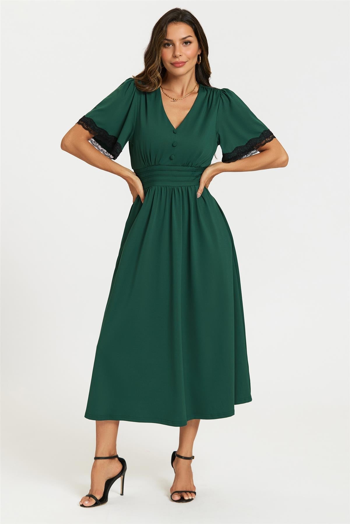 Lace Trim Jersey Midi Dress In Green