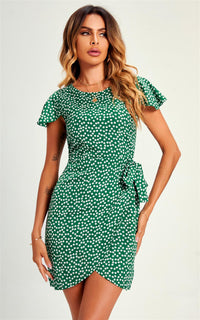 Summer Floral Print Mini Wrap Dress In Green
