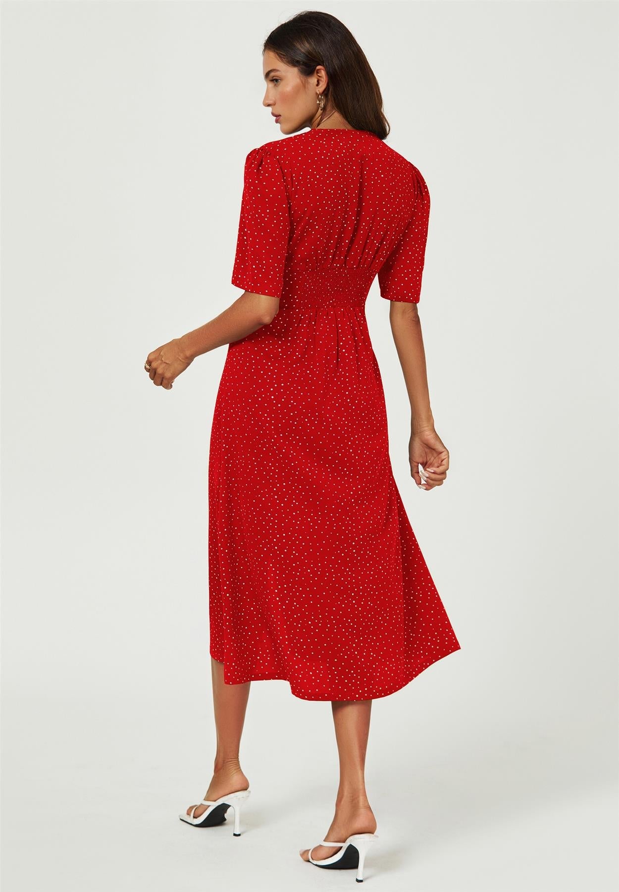 Dot Print Button Front Midi Dress In Red