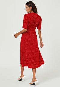 Dot Print Button Front Midi Dress In Red