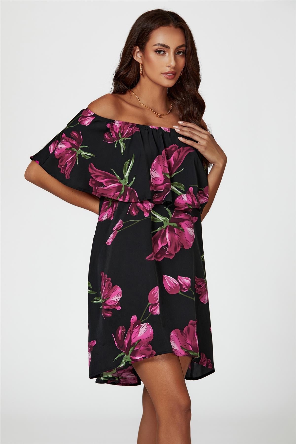 Pink Floral Print Bardot Frill Off Shoulder Mini Dress In Black
