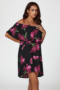 Pink Floral Print Bardot Frill Off Shoulder Mini Dress In Black