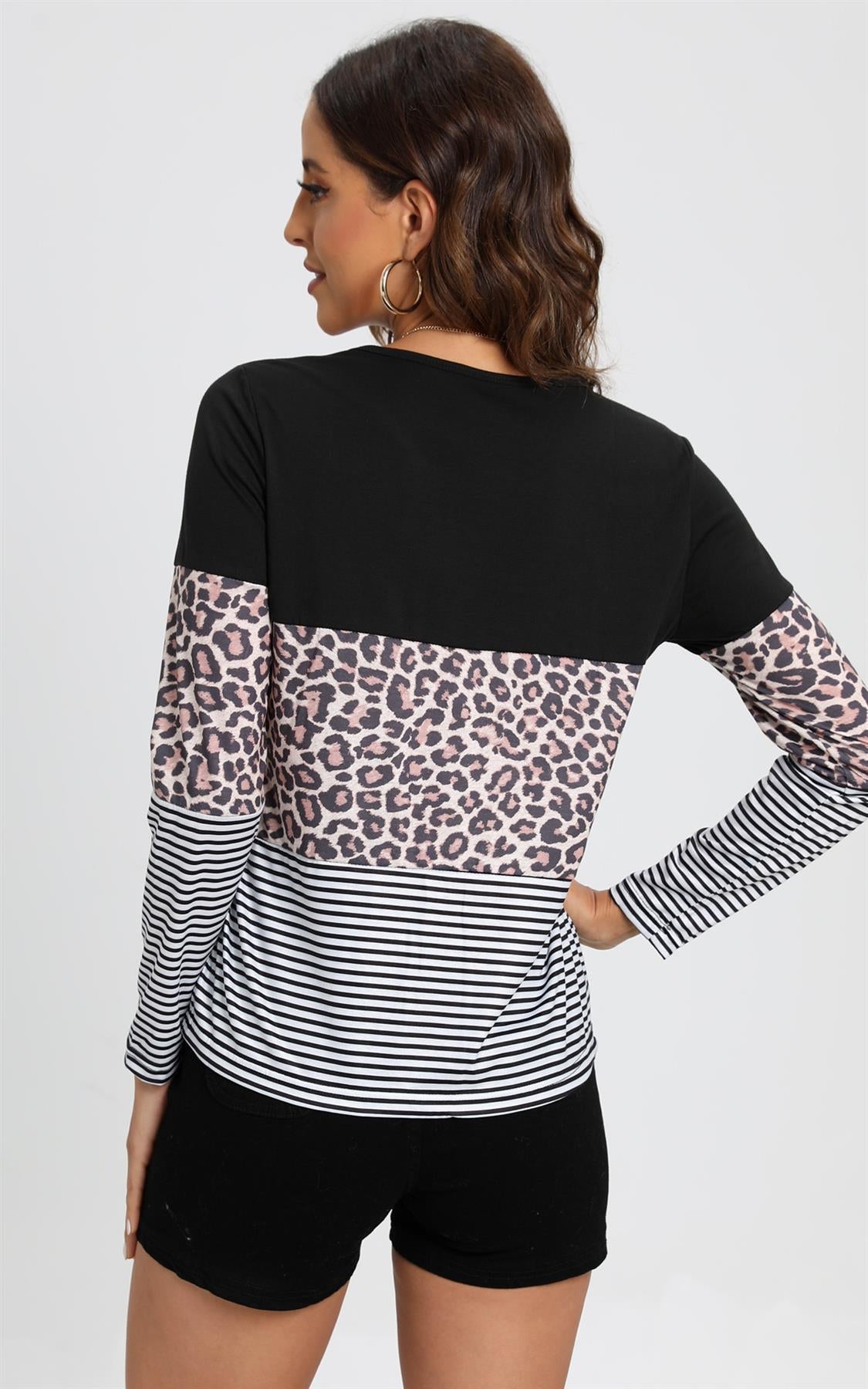 Animal Print & Classic White Striped Top In Black Block