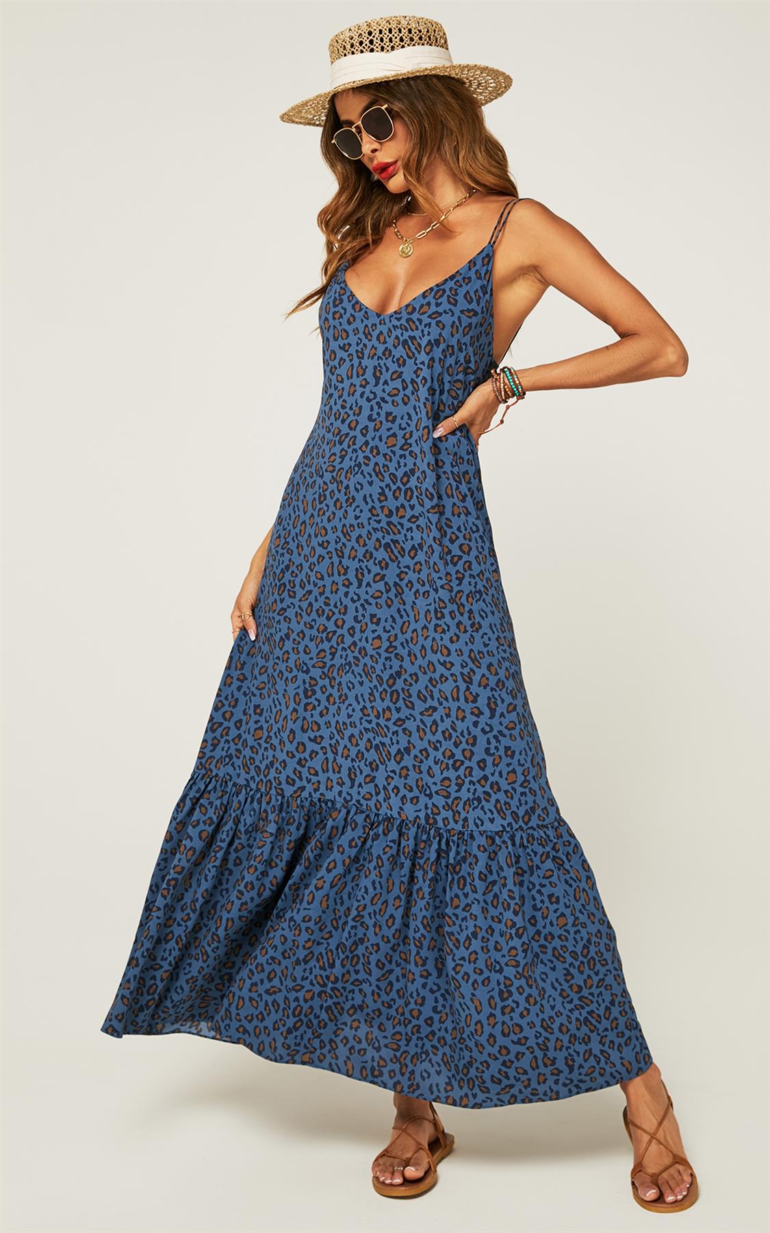 Hem Detail Slip Dress In Navy Leopard Print