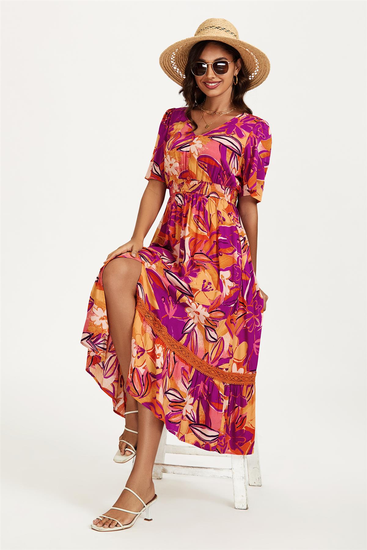 Floral Print Button Down Maxi Dress In Pink Orange