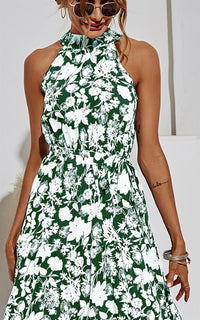 Halter Neck Midi Layer Dress In Green & White Flora Print