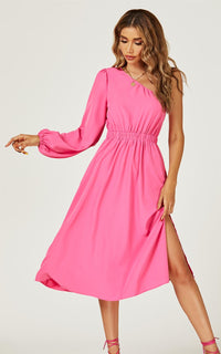 One Shoulder Split Leg Midi Dress In Fuchsia Print
