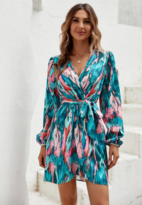 Teal & Pink Tie Dye Print Wrap Mini Dress In Green
