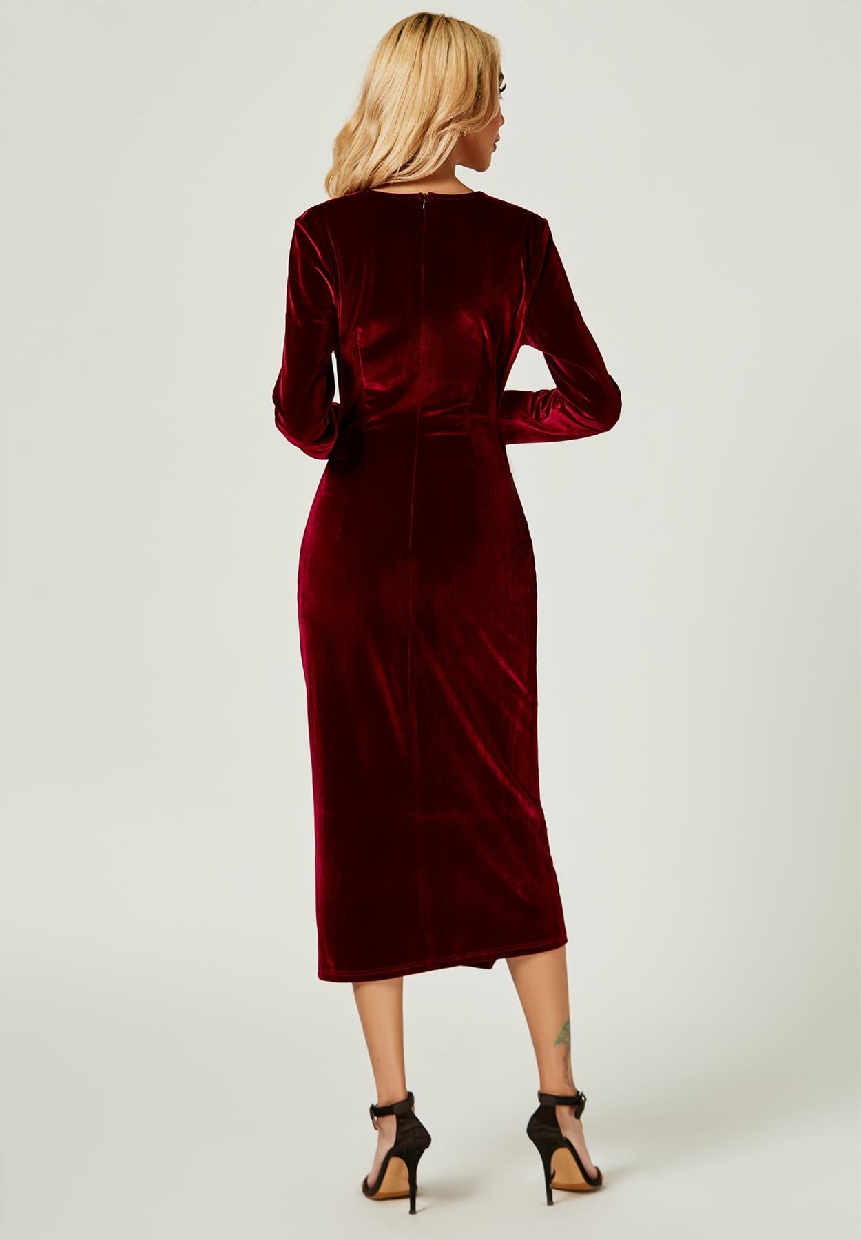 Velvet Wrap Style Long Sleeve Midi Dress In Wine