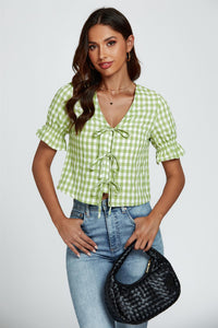Check Print Tie Front Top In Green