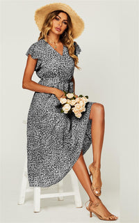 Ruffled Angel Sleeve Wrap Dress In Black Leopard Print