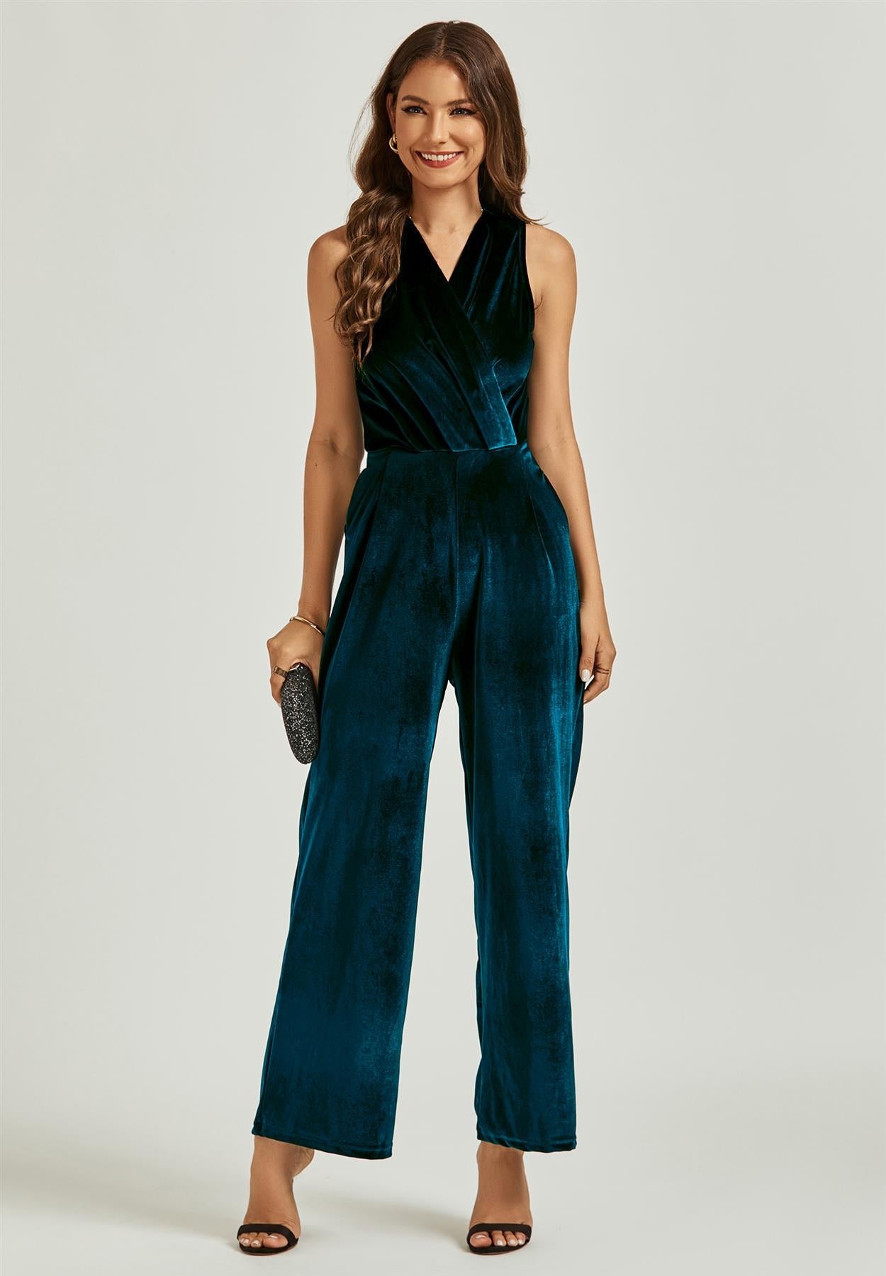 Velvet Wrap Jumpsuit In Teal